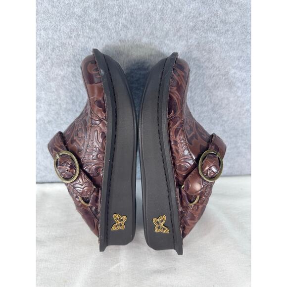 Alegria Womens sz 35 (US 5/5.5) SEV-574 Embossed Brown Leather Clog Comfort Mule - Picture 5 of 9